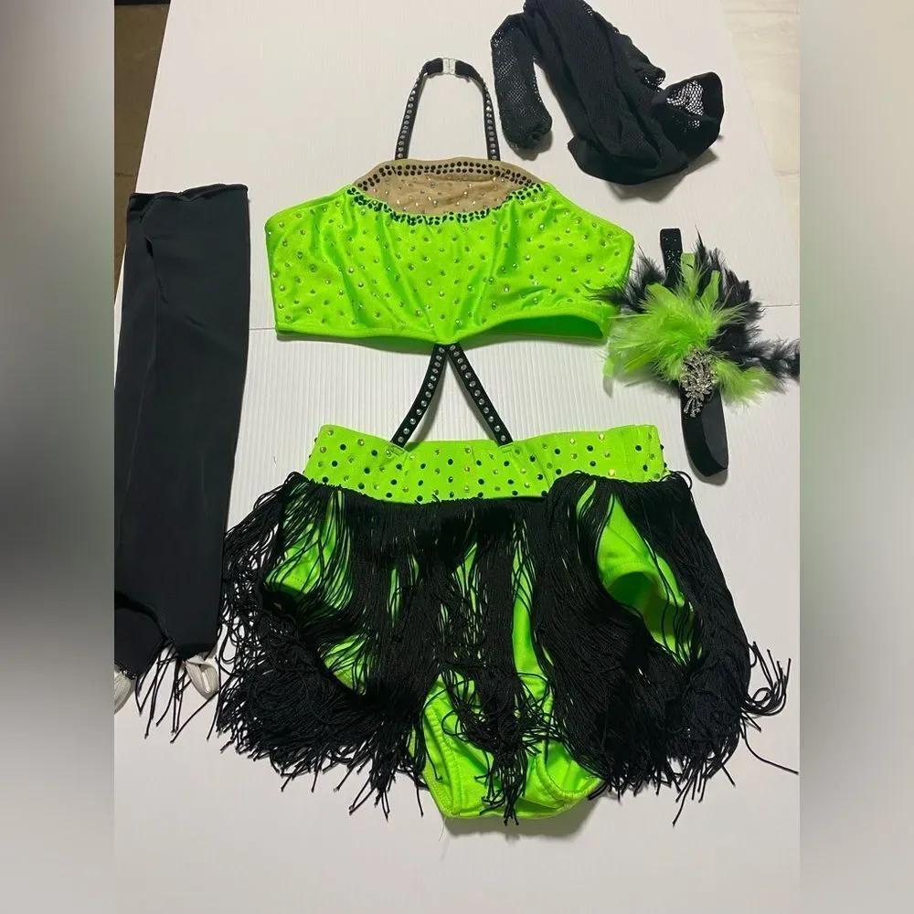 Glamour solo dance costume leotard neon green embellished rhinestoned SA adult